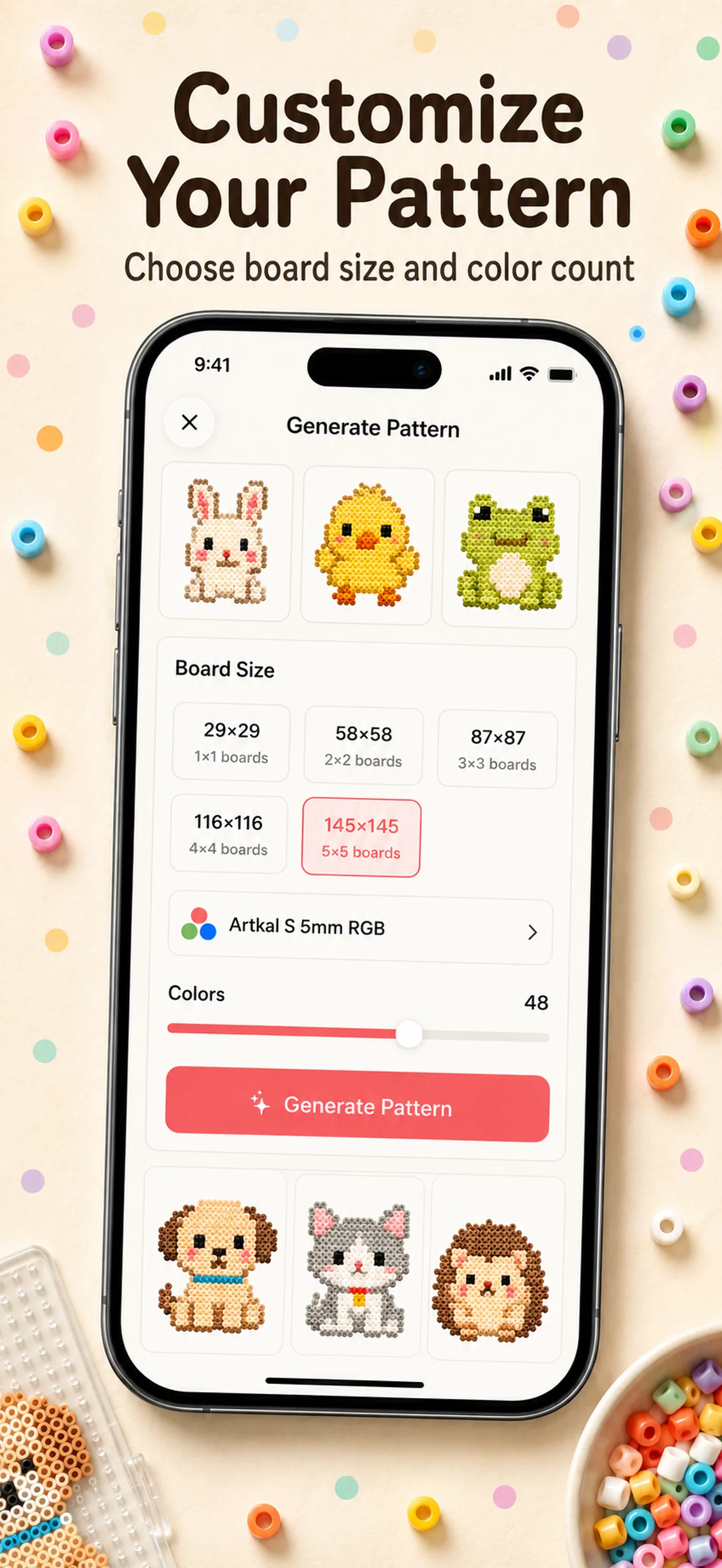 Board size and color count controls in BeadCraft