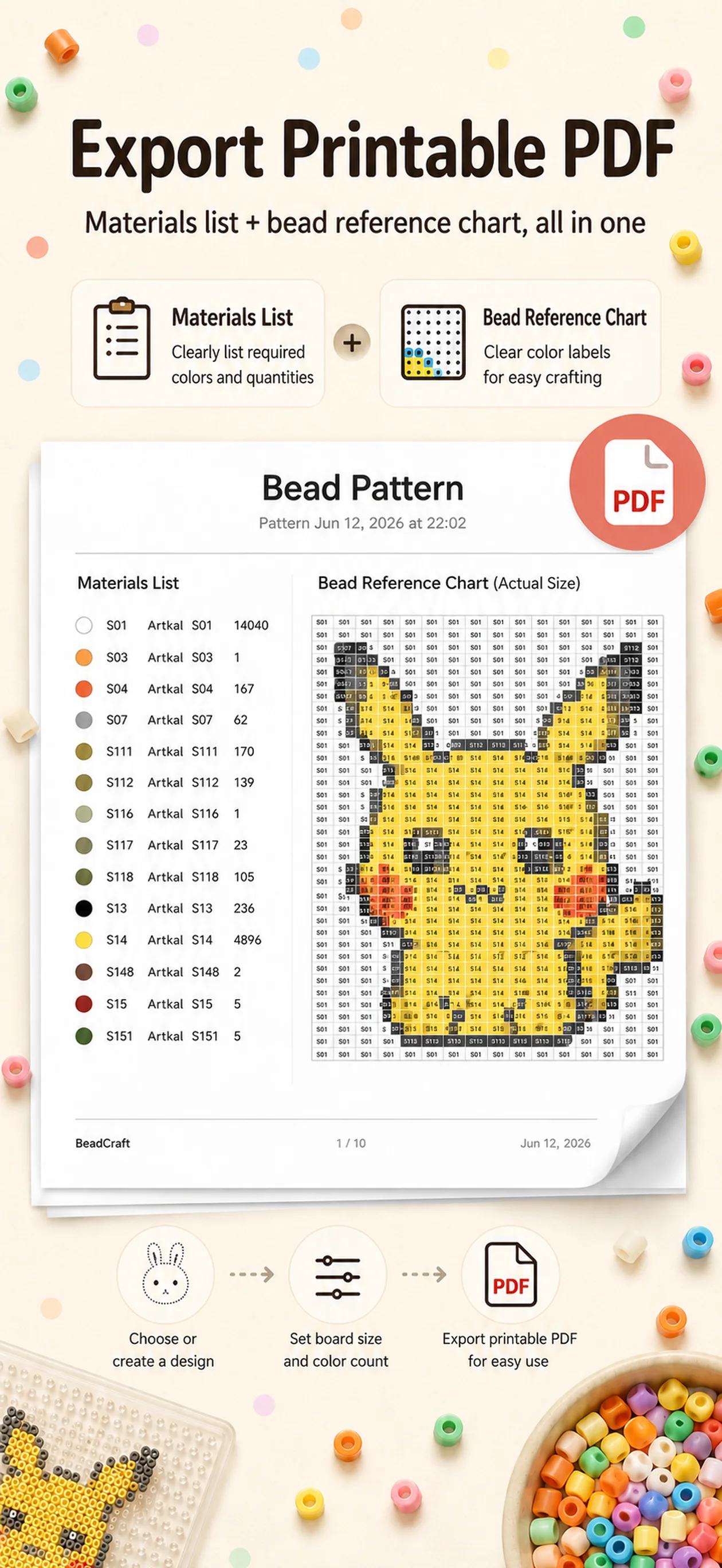 Printable PDF with bead color codes and quantities