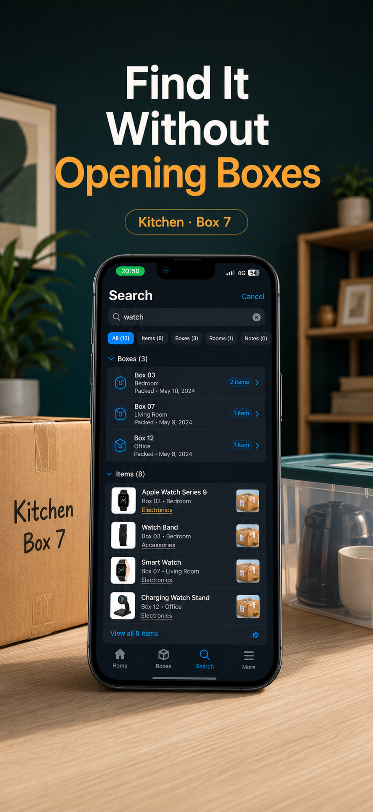 Moving Boxes Organizer search screen showing the box that contains an item