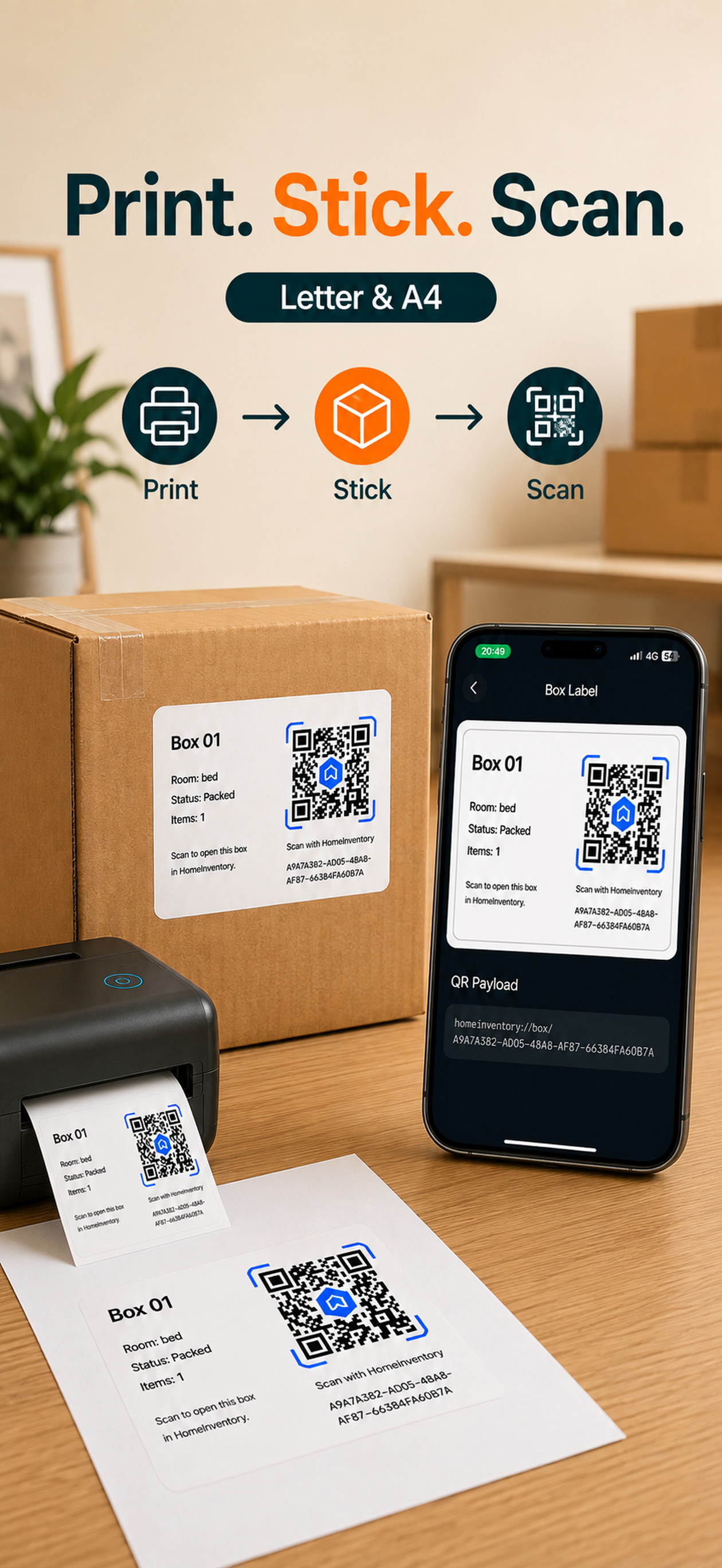 Print and scan labels for boxes