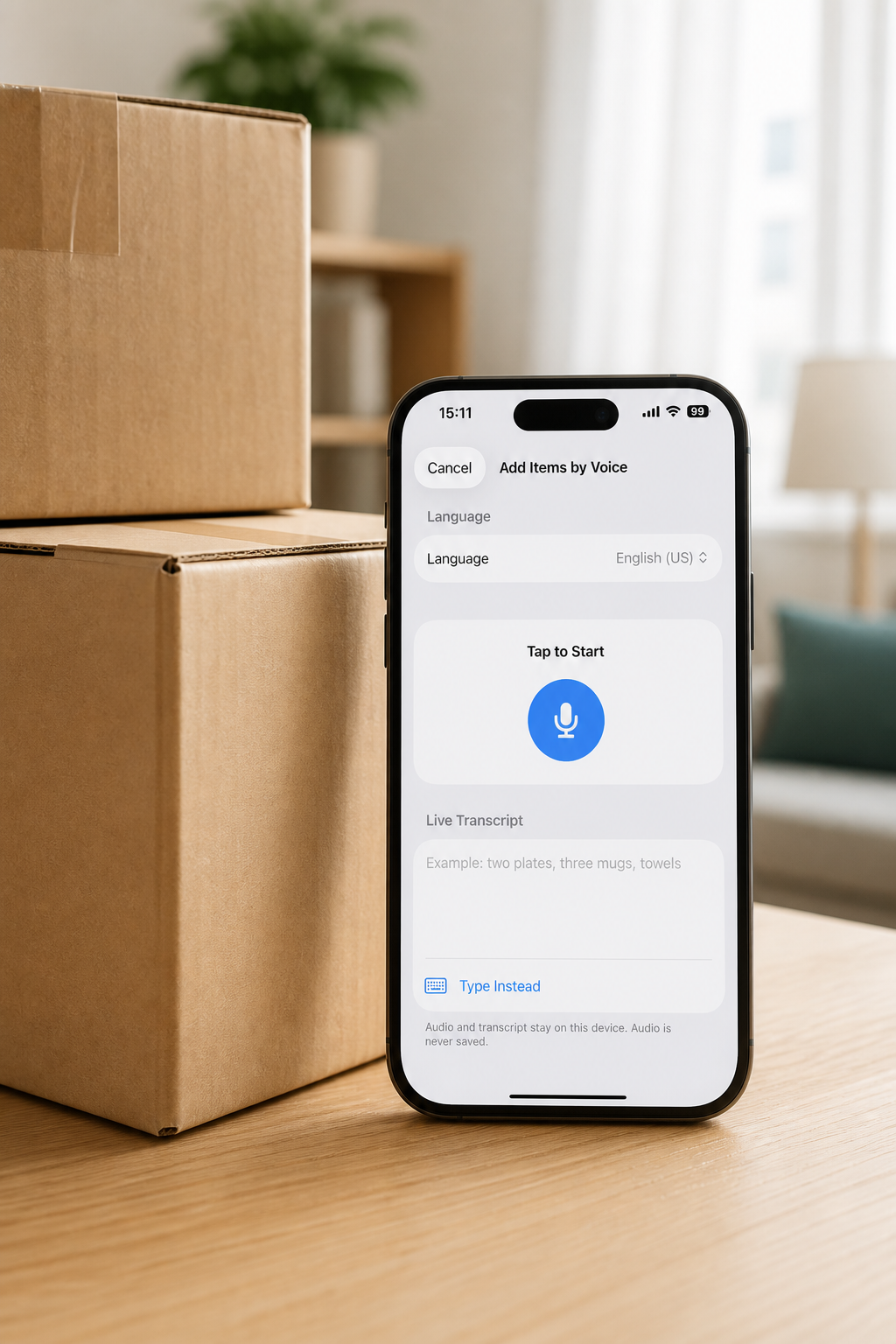 Moving Boxes Organizer Add Items by Voice screen beside packed moving boxes