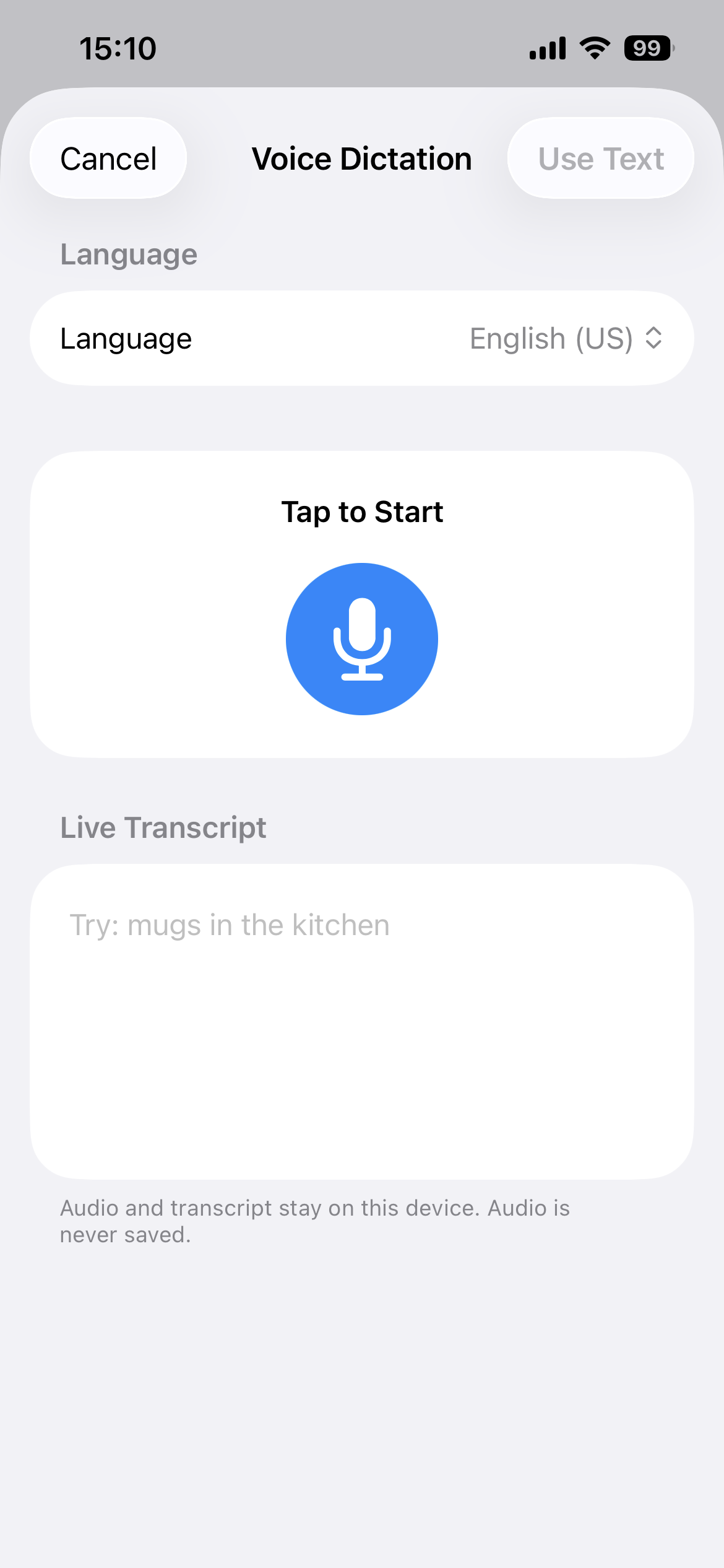 Moving Boxes Organizer Voice Dictation screen with a live transcript and Type Instead option