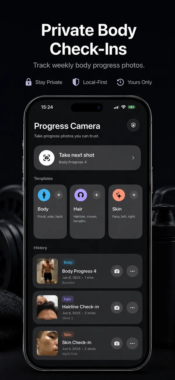 Body Progress Photo Tracker App Store screenshot showing private body check-ins
