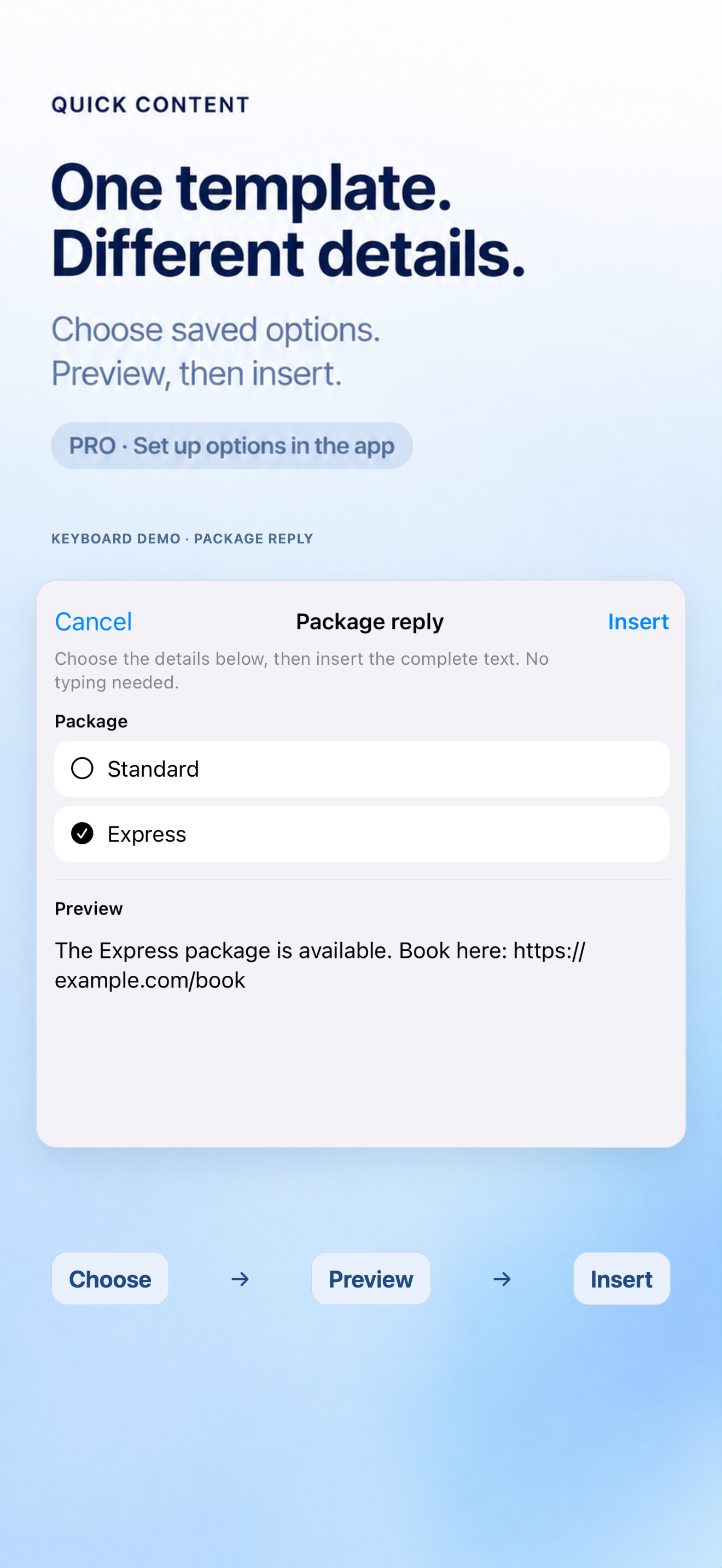 Selecting a configured package option and previewing a template