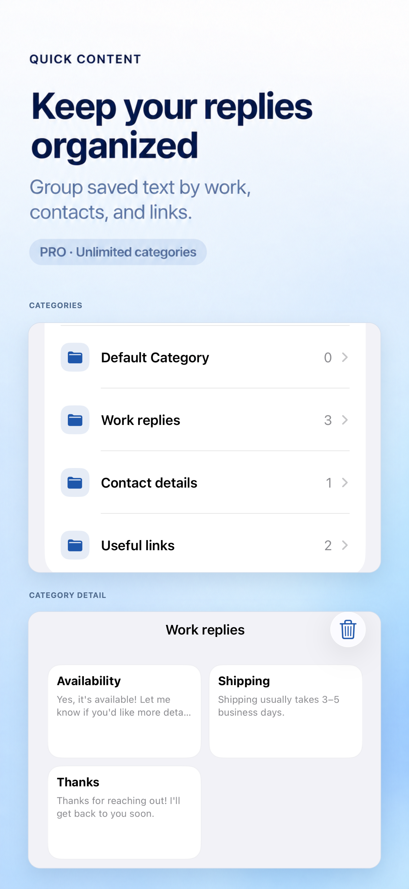 Saved snippets organized into categories
