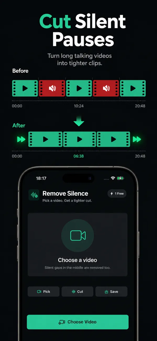 Video Silence Remover App Store screenshot showing silent pause trimming