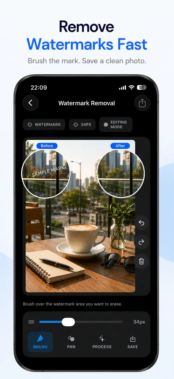 Watermark Remover App Store screenshot showing watermark cleanup