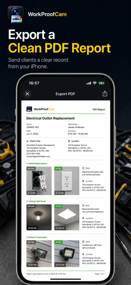 WorkProofCam PDF report export screen